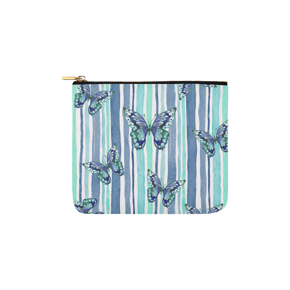 Watercolor Butterflies & Stripes Blue Cyan Carry-All Pouch 6''x5''
