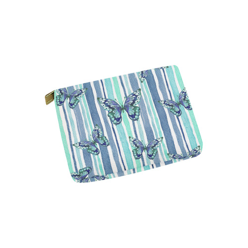 Watercolor Butterflies & Stripes Blue Cyan Carry-All Pouch 6''x5''