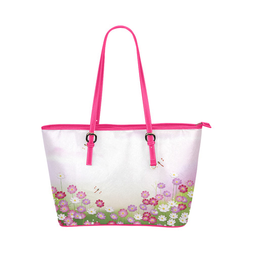 Cute Pink Flowers Dragonfly Floral Leather Tote Bag/Large (Model 1651)