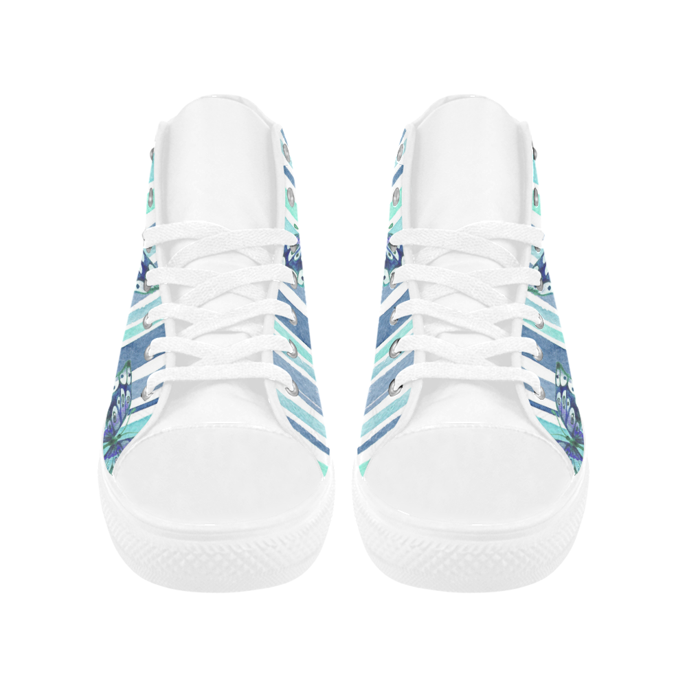 Watercolor Butterflies & Stripes Blue Cyan Aquila High Top Microfiber Leather Women's Shoes (Model 032)