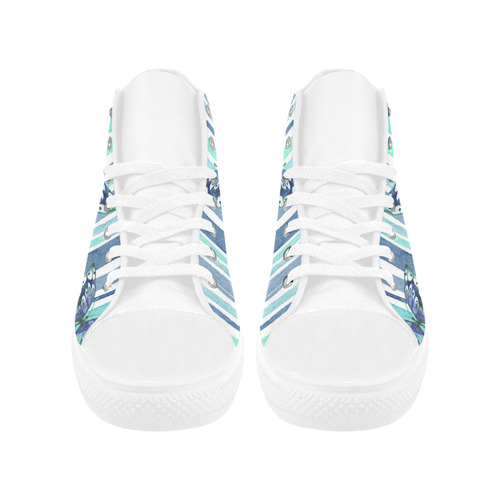 Watercolor Butterflies & Stripes Blue Cyan Aquila High Top Microfiber Leather Women's Shoes (Model 032)