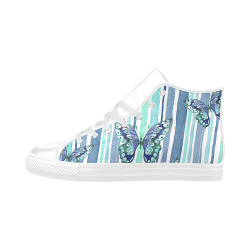 Watercolor Butterflies & Stripes Blue Cyan Aquila High Top Microfiber Leather Women's Shoes (Model 032)