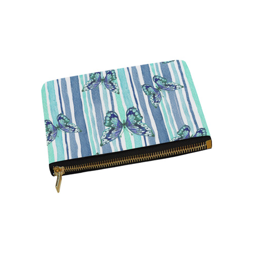 Watercolor Butterflies & Stripes Blue Cyan Carry-All Pouch 9.5''x6''