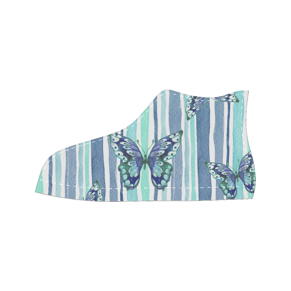 Watercolor Butterflies & Stripes Blue Cyan High Top Canvas Women's Shoes/Large Size (Model 017)