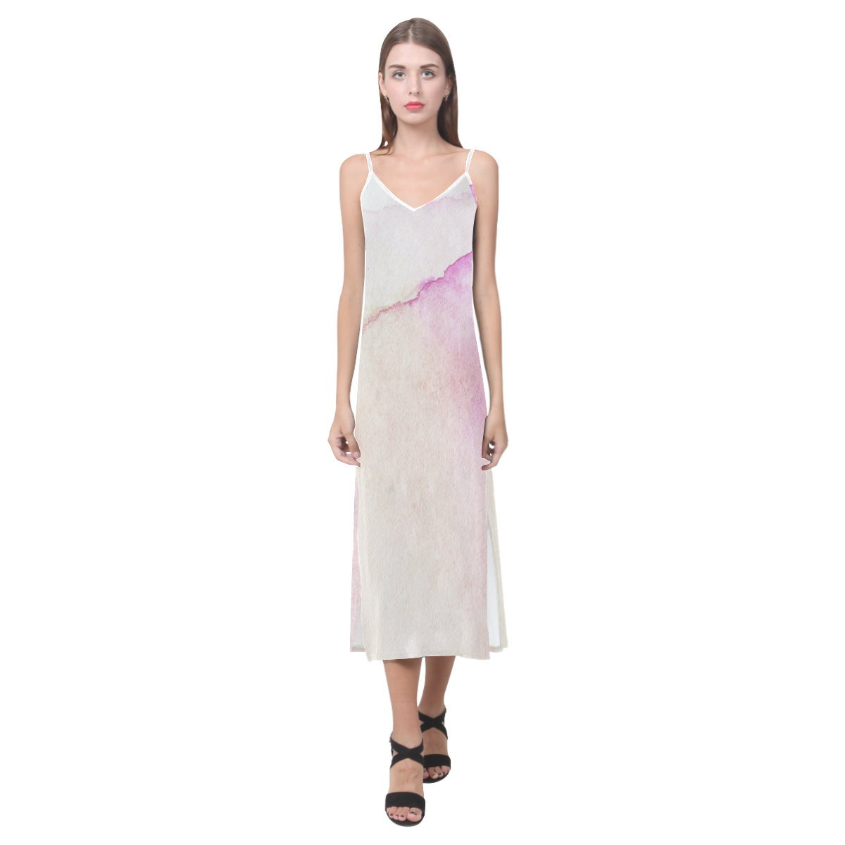 Hand painted watercolor patterns and texturess V-Neck Open Fork Long Dress(Model D18)