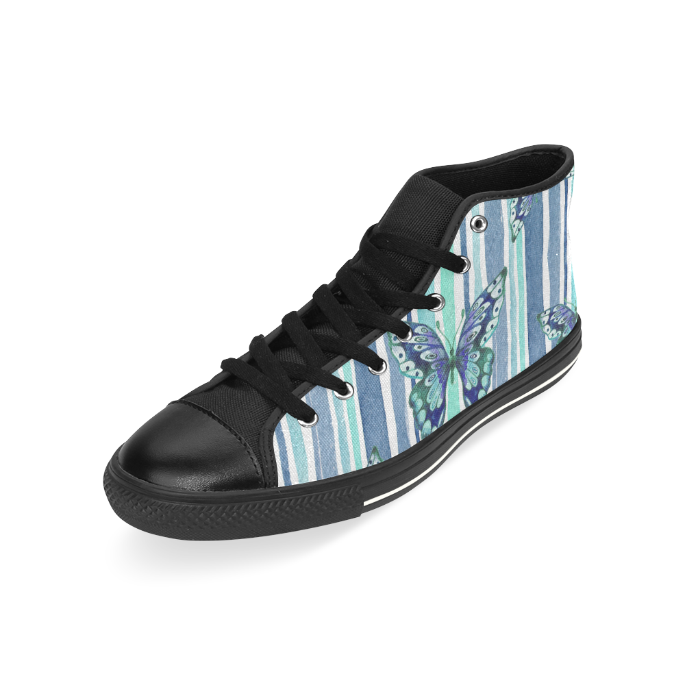 Watercolor Butterflies & Stripes Blue Cyan High Top Canvas Women's Shoes/Large Size (Model 017)