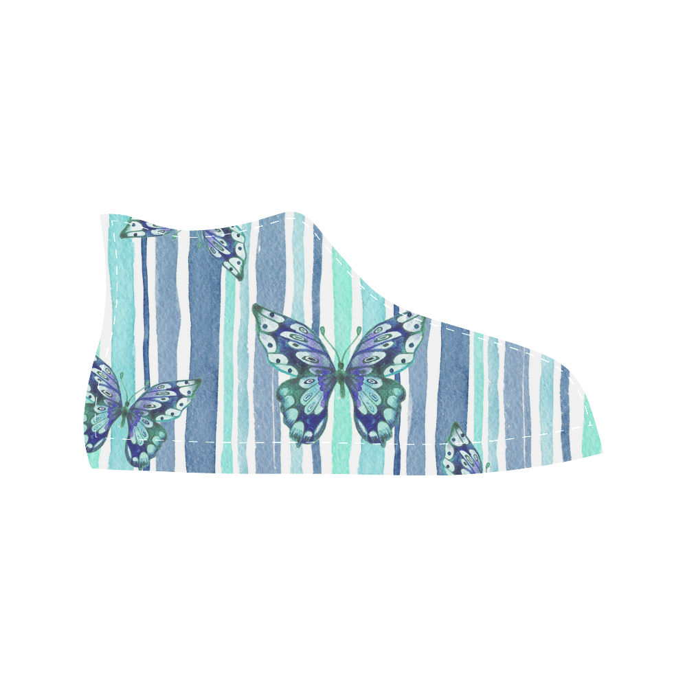 Watercolor Butterflies & Stripes Blue Cyan Aquila High Top Microfiber Leather Women's Shoes (Model 032)