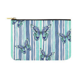 Watercolor Butterflies & Stripes Blue Cyan Carry-All Pouch 12.5''x8.5''