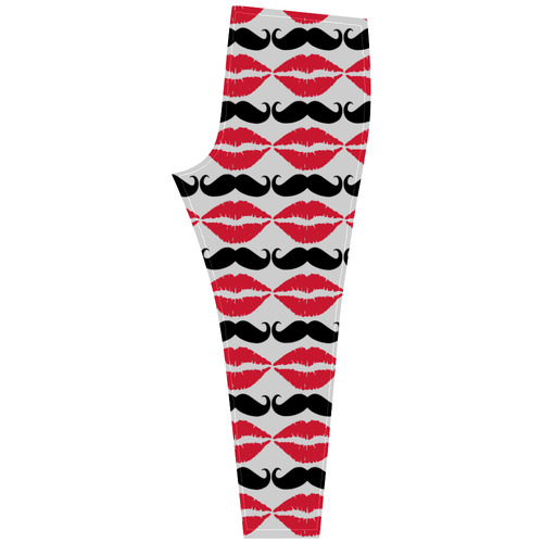 Red and Black Hipster Mustache and Lips Cassandra Women's Leggings (Model L01)