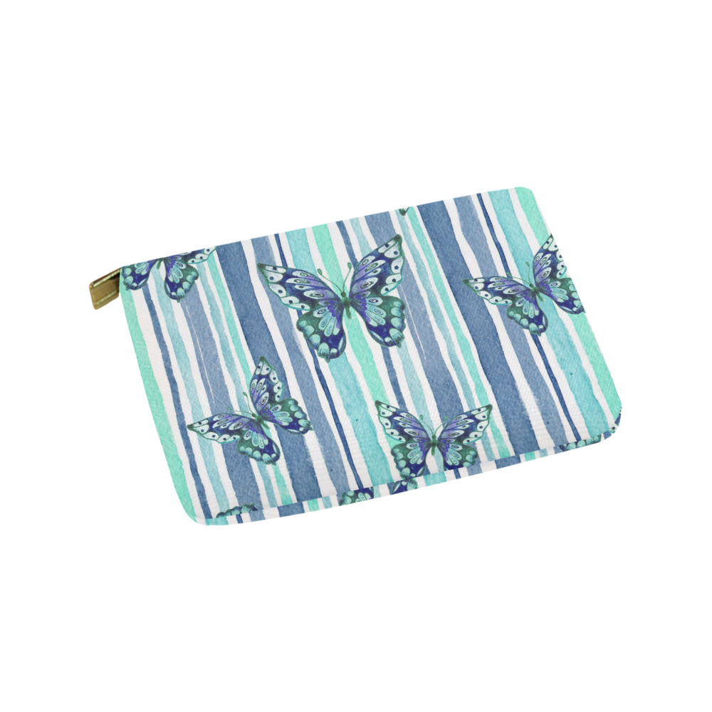 Watercolor Butterflies & Stripes Blue Cyan Carry-All Pouch 9.5''x6''