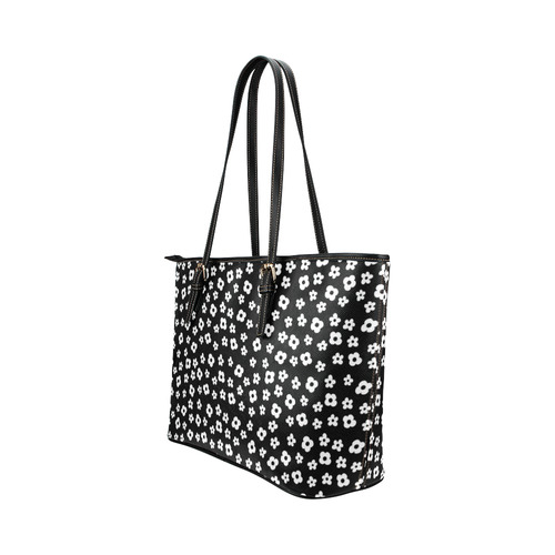 PATTERN Black White Flower Floral Leather Tote Bag/Small (Model 1651)