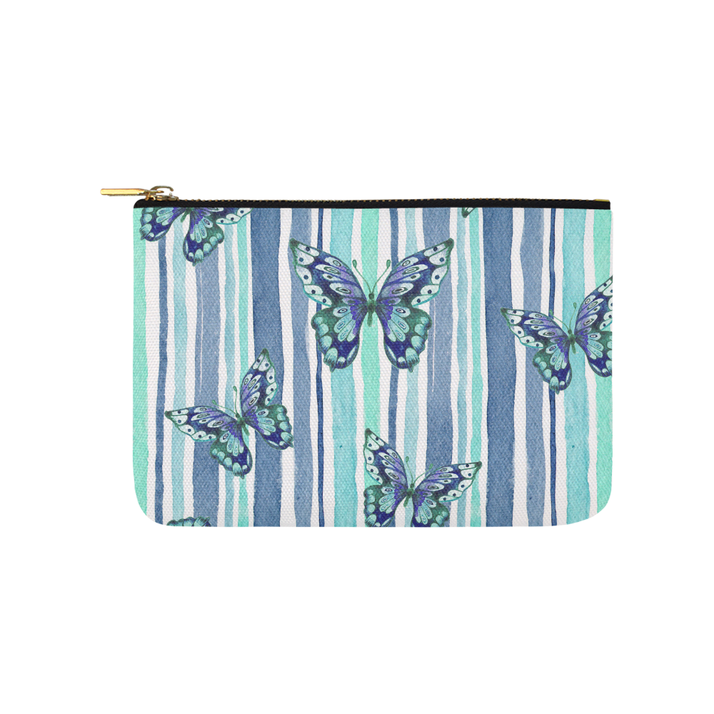 Watercolor Butterflies & Stripes Blue Cyan Carry-All Pouch 9.5''x6''