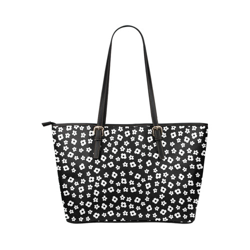 PATTERN Black White Flower Floral Leather Tote Bag/Small (Model 1651)