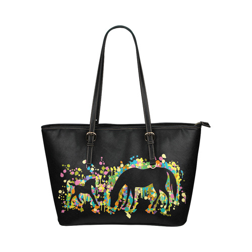 Lovely Foal with Mom Splash Leather Tote Bag/Large (Model 1651)