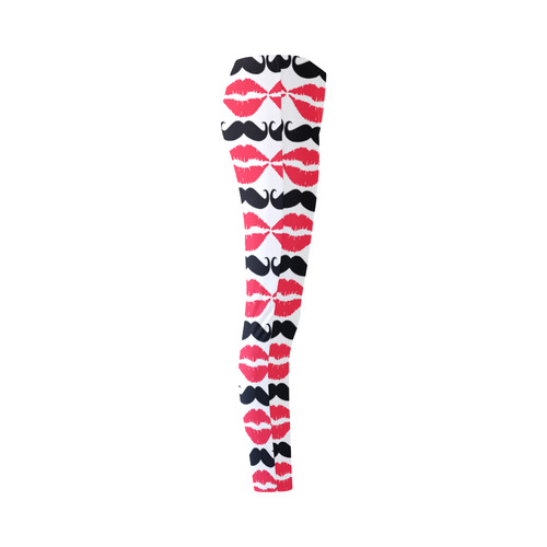 Red and Black Hipster Mustache and Lips Cassandra Women's Leggings (Model L01)