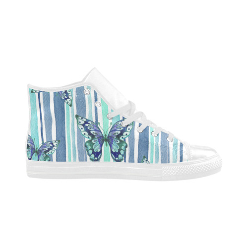 Watercolor Butterflies & Stripes Blue Cyan Aquila High Top Microfiber Leather Women's Shoes (Model 032)