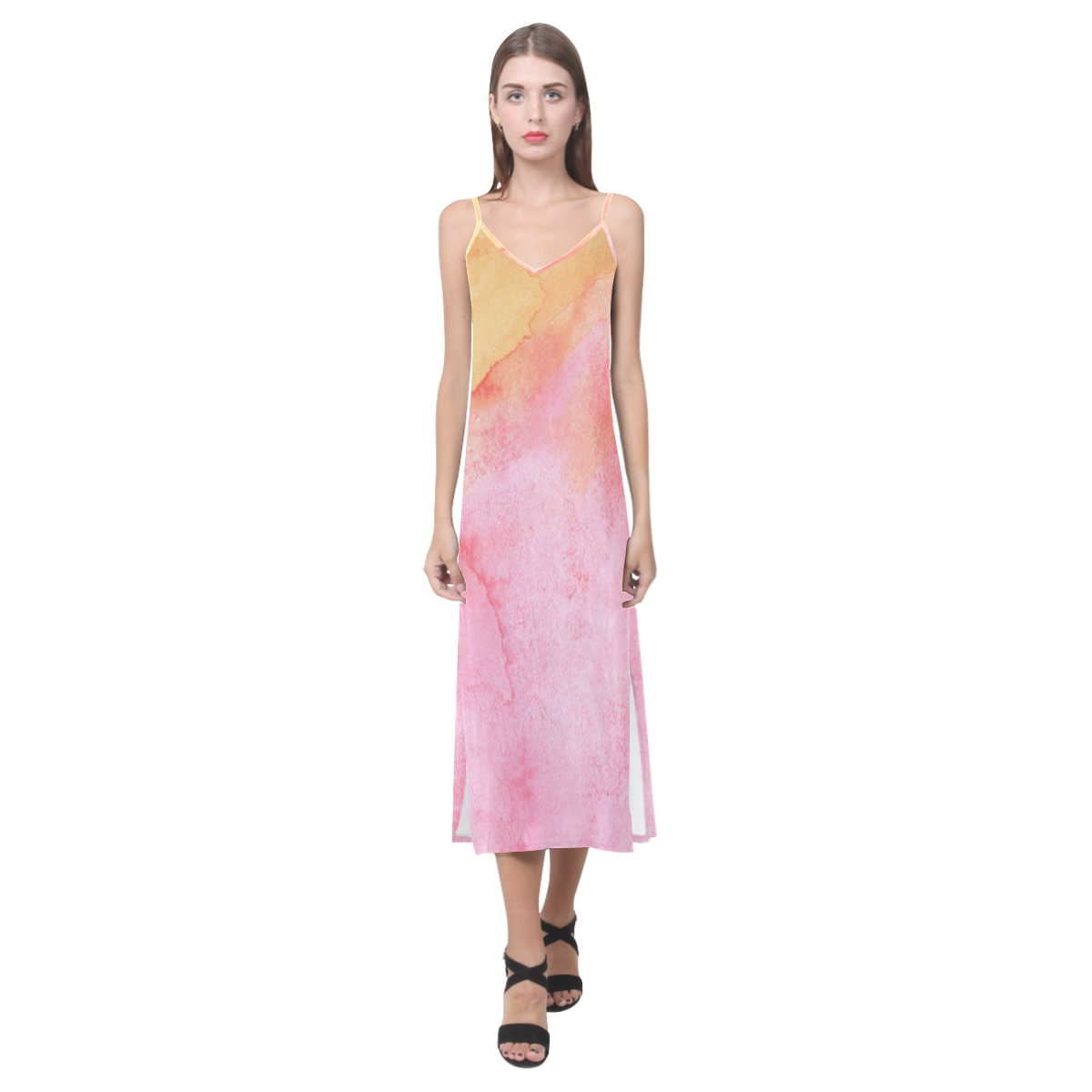 Hand painted watercolor patterns and textures V-Neck Open Fork Long Dress(Model D18)