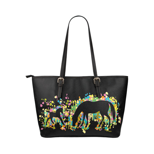 Lovely Foal with Mom Splash Leather Tote Bag/Large (Model 1651)