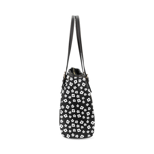 PATTERN Black White Flower Floral Leather Tote Bag/Small (Model 1640)