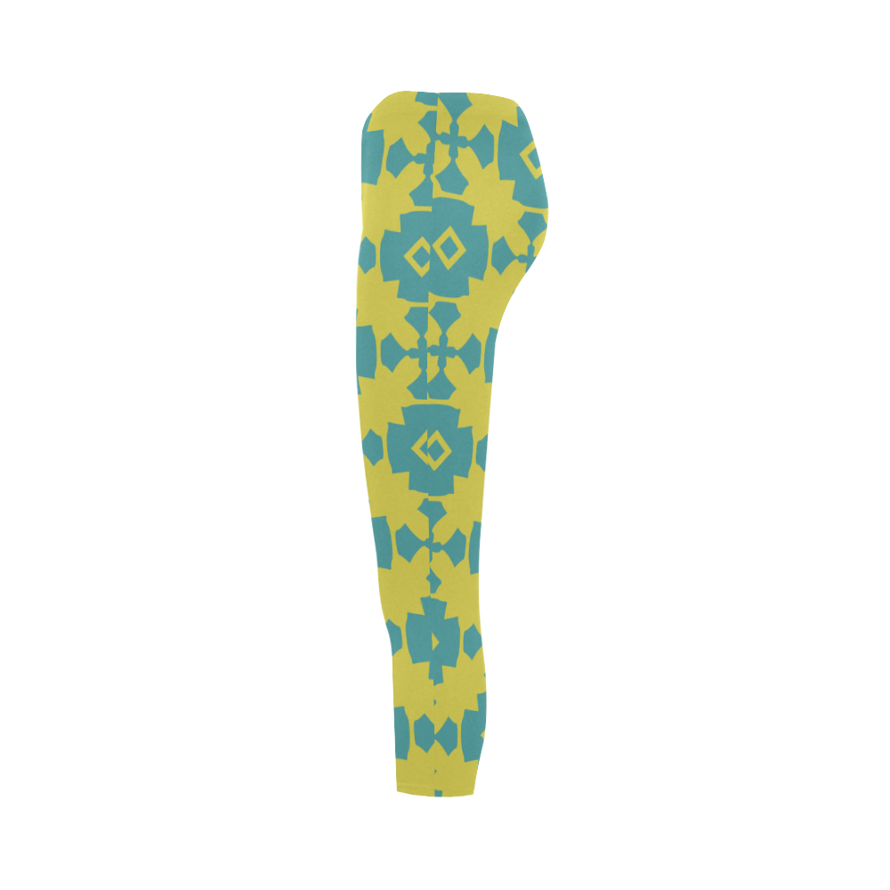 Yellow Teal Geometric Tile Pattern Capri Legging (Model L02)