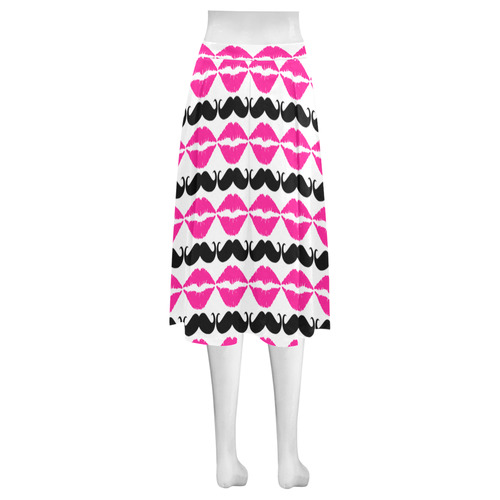 Pink and Black Hipster Mustache and Lips Mnemosyne Women's Crepe Skirt (Model D16)