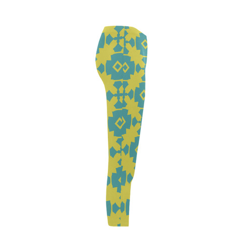 Yellow Teal Geometric Tile Pattern Capri Legging (Model L02)