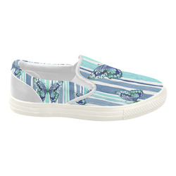 Watercolor Butterflies & Stripes Blue Cyan Women's Slip-on Canvas Shoes (Model 019)