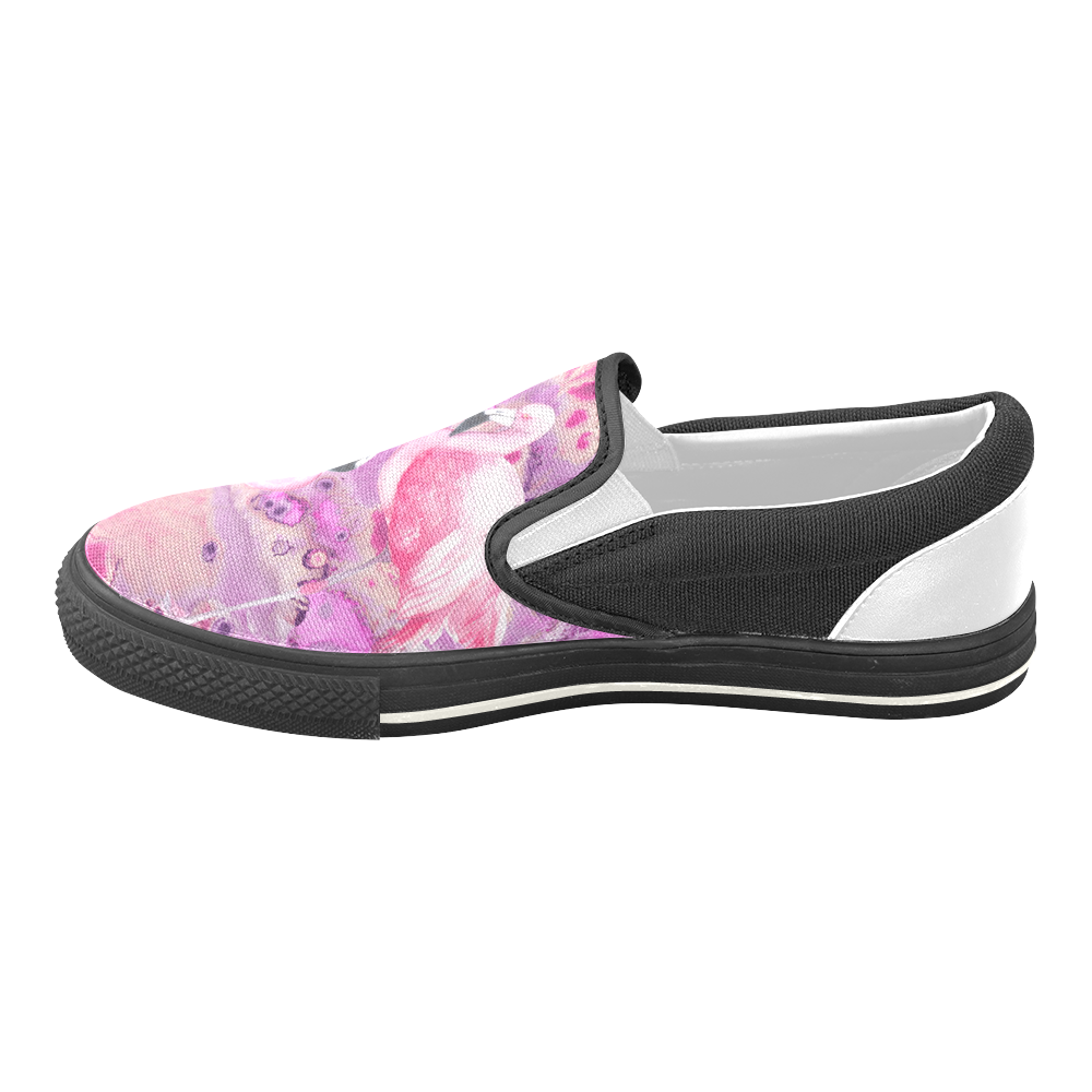 Flamingos Batik Paint Background Pink Violet Women's Unusual Slip-on Canvas Shoes (Model 019)