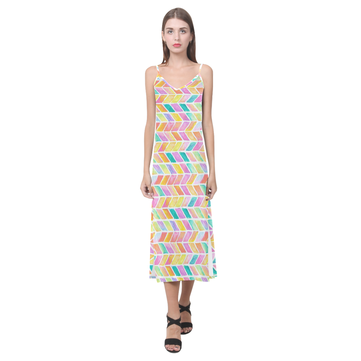 Hand painted watercolor patterns and textures V-Neck Open Fork Long Dress(Model D18)