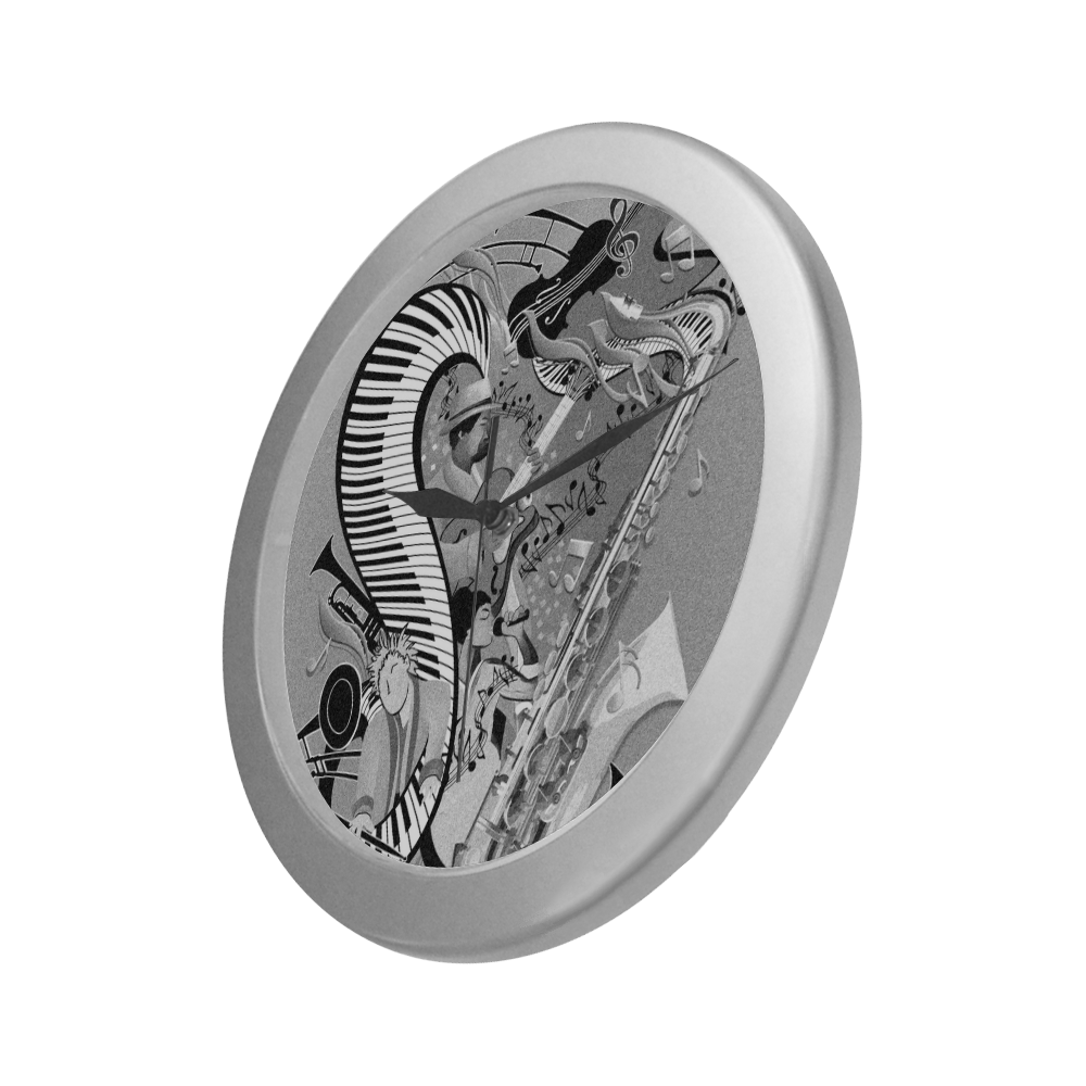 Music Jazz Art Black and White Fun Silver Color Wall Clock