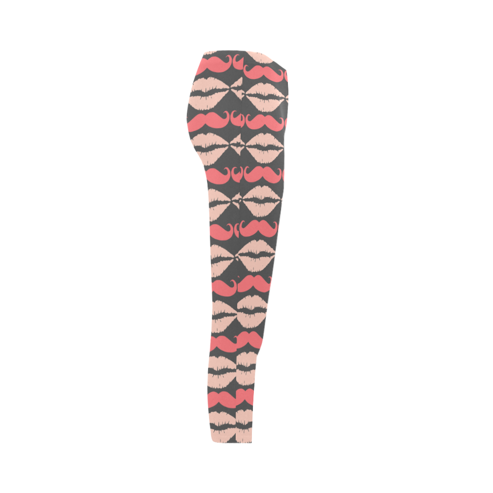 Pink Gray Hipster Mustache and Lips Capri Legging (Model L02)