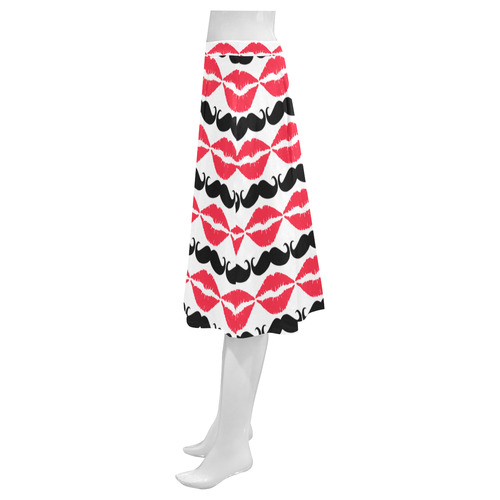 Red and Black Hipster Mustache and Lips Mnemosyne Women's Crepe Skirt (Model D16)