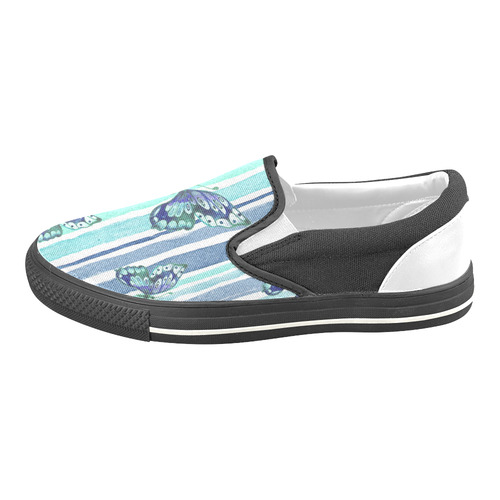 Watercolor Butterflies & Stripes Blue Cyan Women's Unusual Slip-on Canvas Shoes (Model 019)