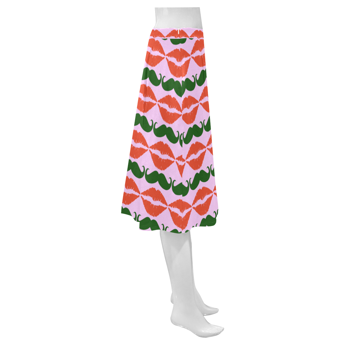 Red and Green Hipster Mustache and Lips Mnemosyne Women's Crepe Skirt (Model D16)