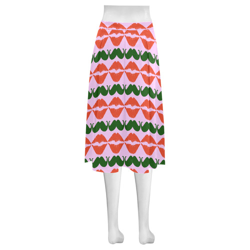 Red and Green Hipster Mustache and Lips Mnemosyne Women's Crepe Skirt (Model D16)