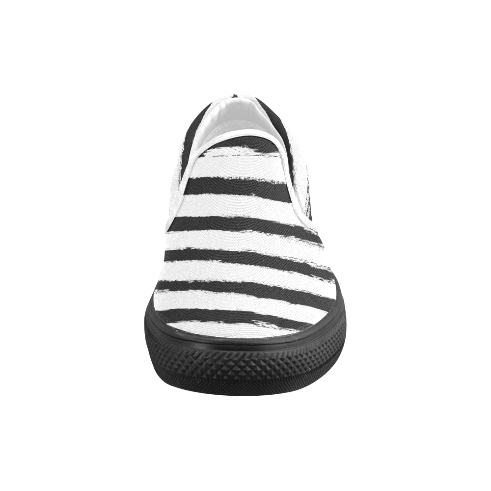 PATTERN Black White Brushstrokes Stribes Women's Unusual Slip-on Canvas Shoes (Model 019)