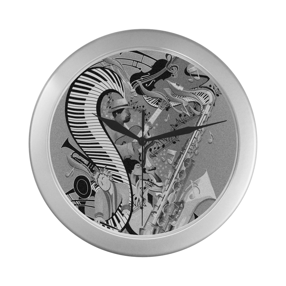 Music Jazz Art Black and White Fun Silver Color Wall Clock