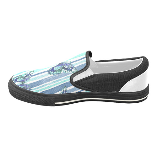 Watercolor Butterflies & Stripes Blue Cyan Women's Unusual Slip-on Canvas Shoes (Model 019)