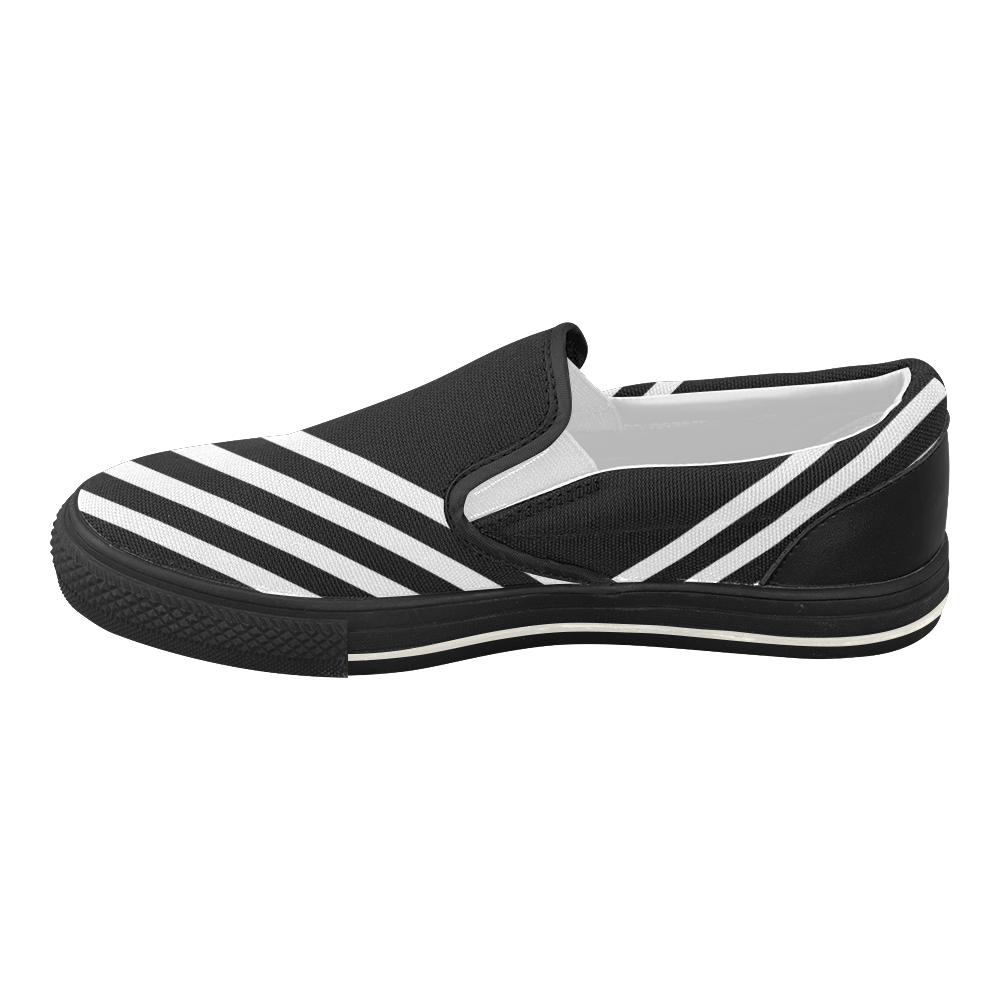 Modern Black Background Diagonal Stripes Cut Women's Slip-on Canvas Shoes (Model 019)