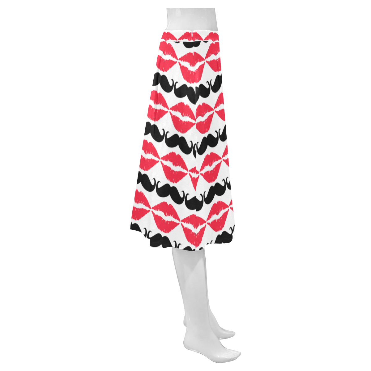 Red and Black Hipster Mustache and Lips Mnemosyne Women's Crepe Skirt (Model D16)