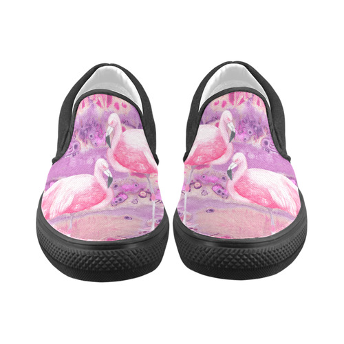 Flamingos Batik Paint Background Pink Violet Women's Unusual Slip-on Canvas Shoes (Model 019)