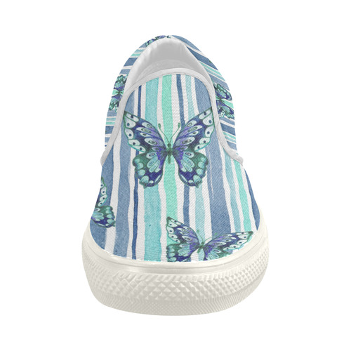 Watercolor Butterflies & Stripes Blue Cyan Women's Slip-on Canvas Shoes (Model 019)