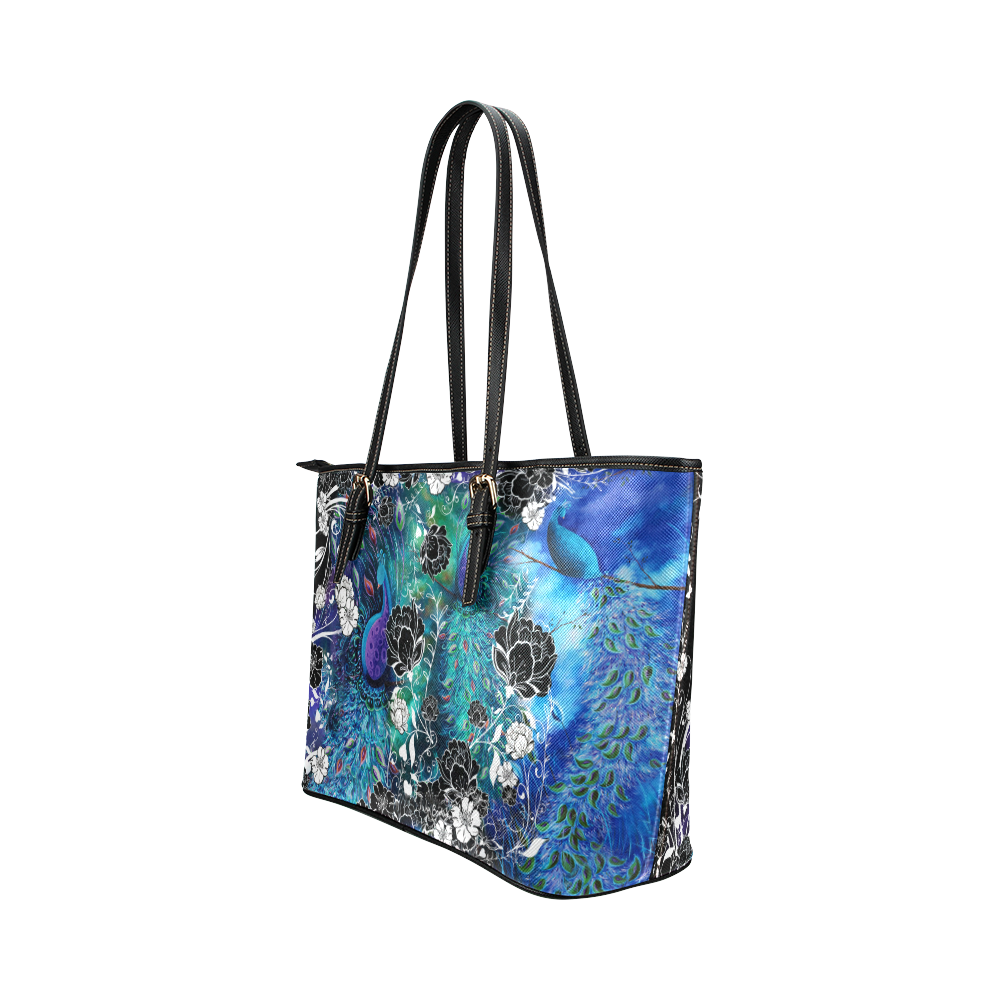 Peacock Blue Teal Flower Art Print Leather Tote Bag/Small (Model 1651)