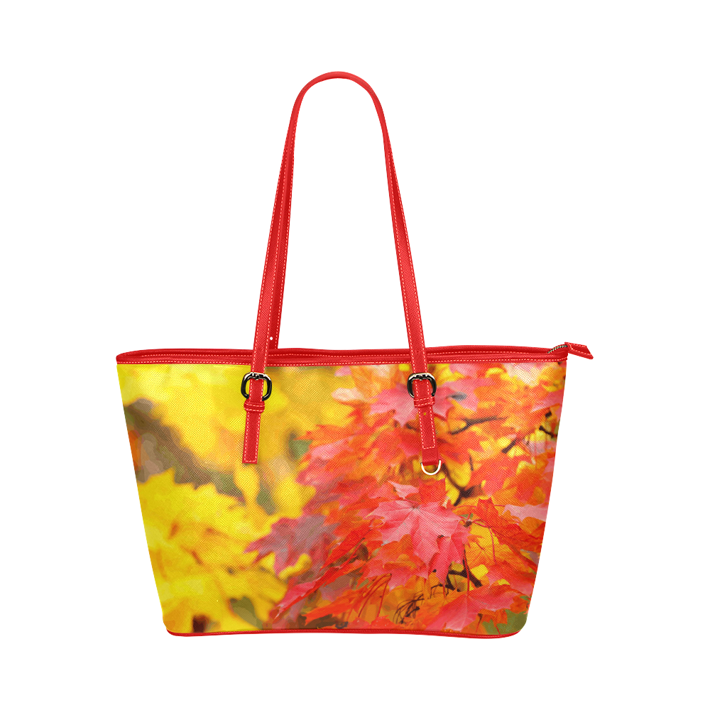 Beautiful Red Yellow Autumn Leaves Leather Tote Bag/Large (Model 1651)