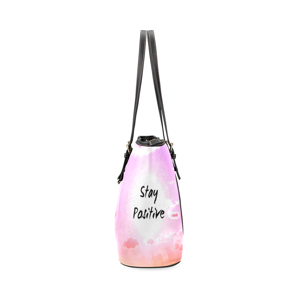 "Stay Positiv" Quote Pink Sky Colourful Leather Tote Bag/Large (Model 1640)