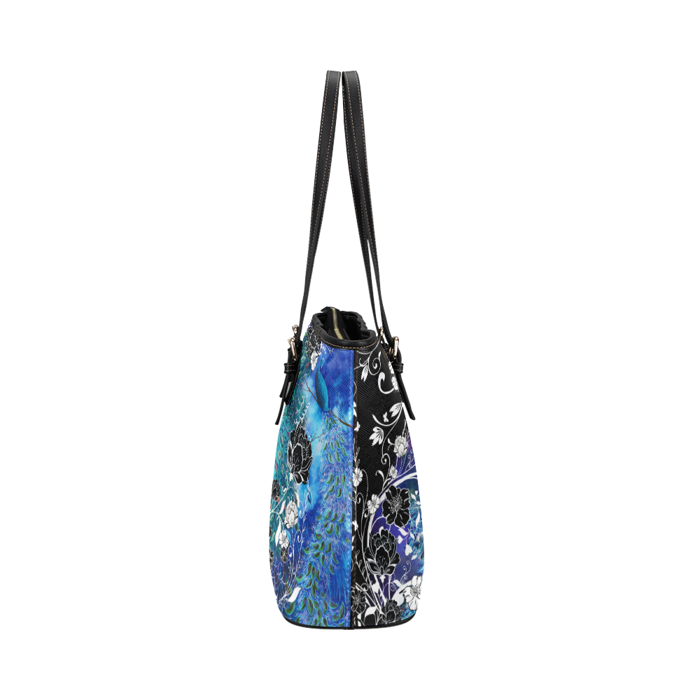 Peacock Blue Teal Flower Art Print Leather Tote Bag/Small (Model 1651)