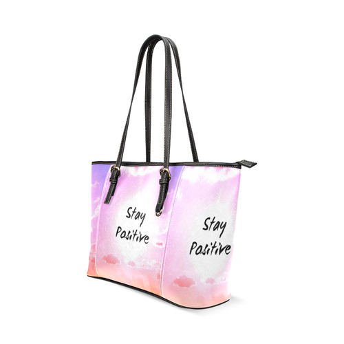 "Stay Positiv" Quote Pink Sky Colourful Leather Tote Bag/Large (Model 1640)