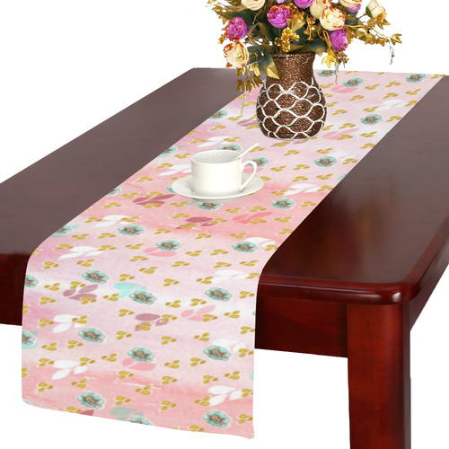 watercolor flowers pink gold Table Runner 14x72 inch