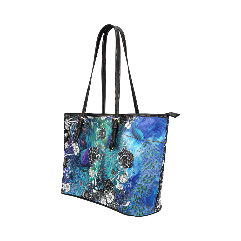 Peacock Blue Garden Art Print Handbag by Juleez Leather Tote Bag/Large (Model 1651)