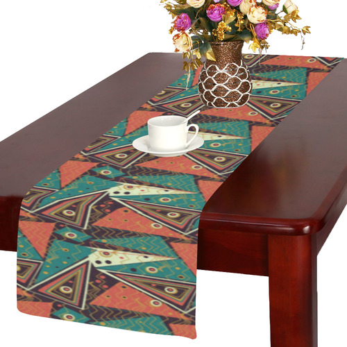 Red Black Teal Triangle Pattern Table Runner 14x72 inch
